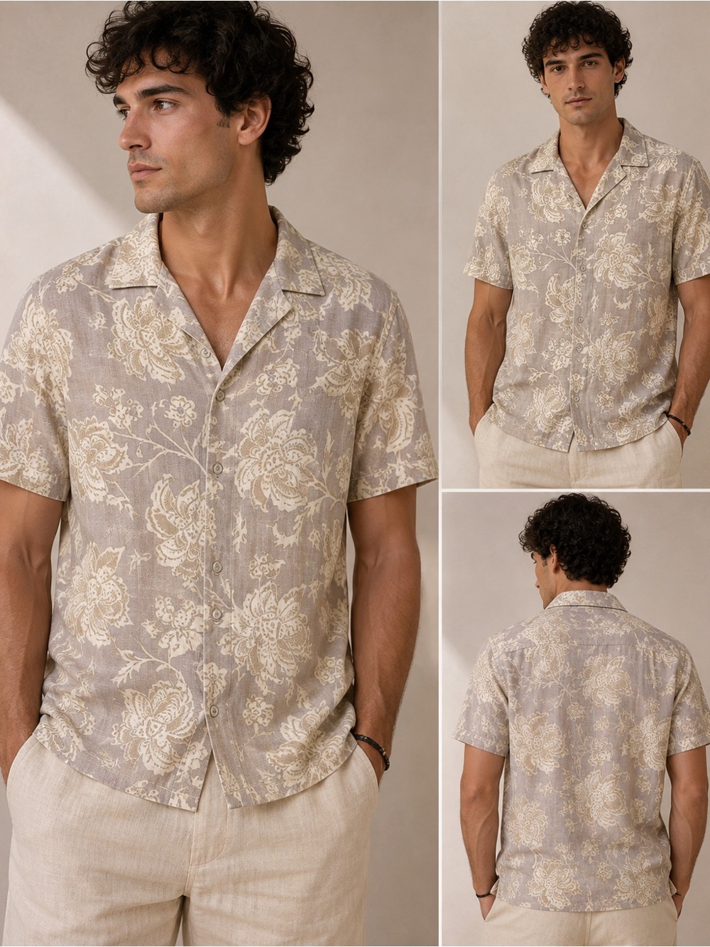 Men's Beige Linen Blend Floral Short-Sleeve Button-Down Shirt
